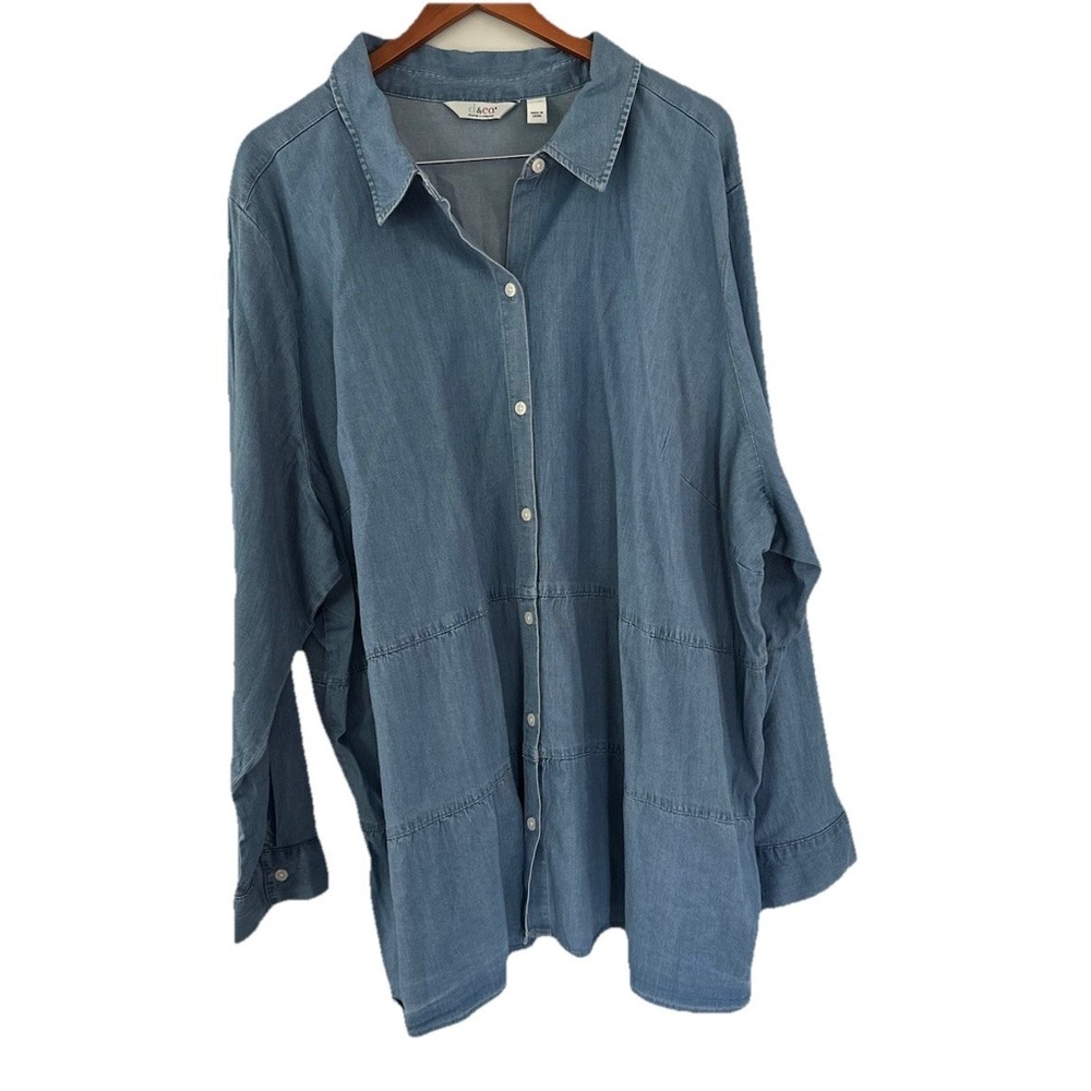 Denim Co Women's 4X Button Down Shirt Long Sleeve Tiered Chambray Coastal Boho